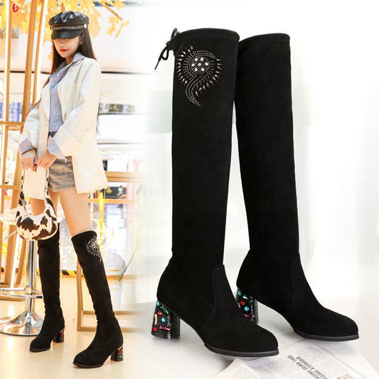 Over-the-knee Women's New Thick High-heeled Slim Stretch Boots