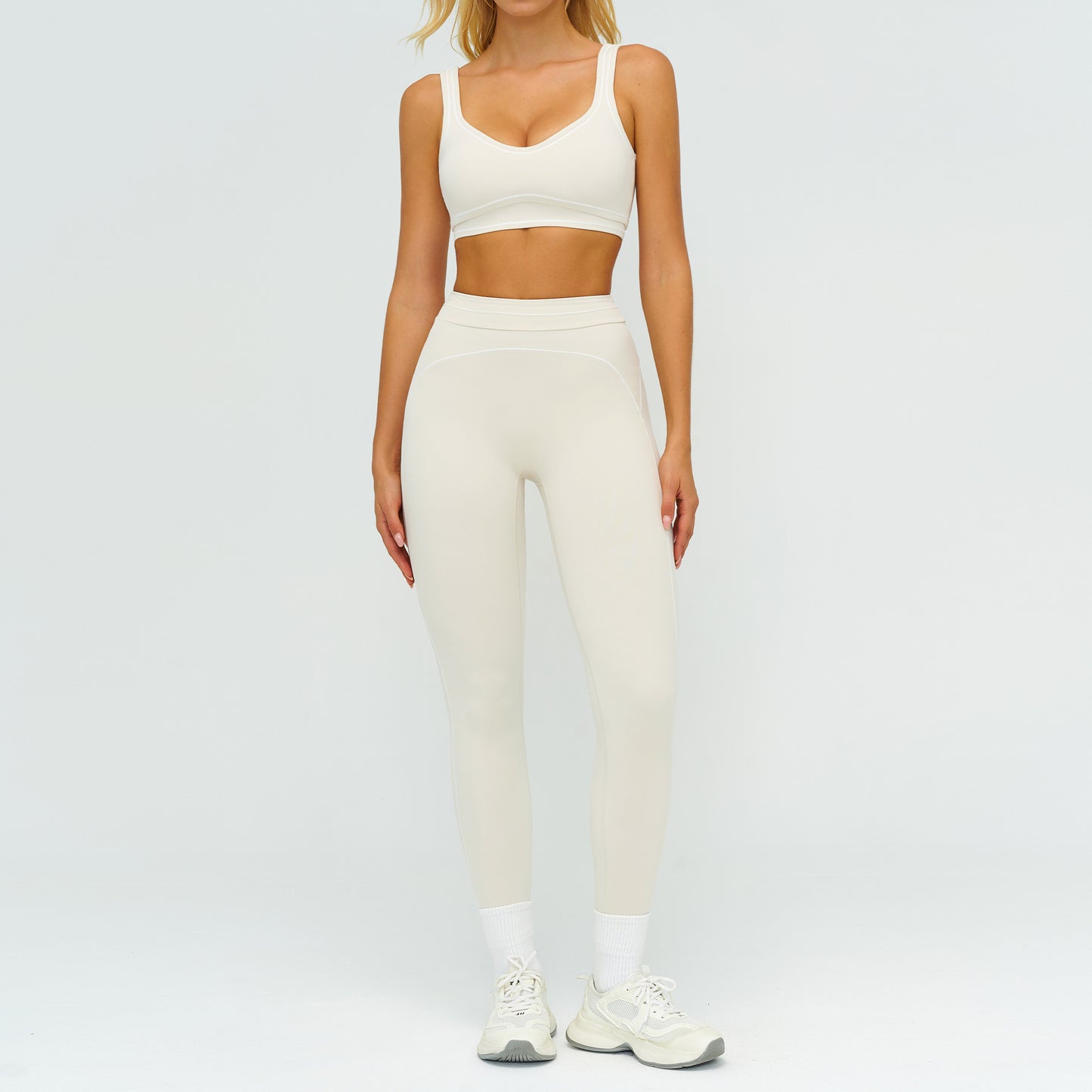 Contrast-color Brushed Yoga Set With Dual Shoulder Straps