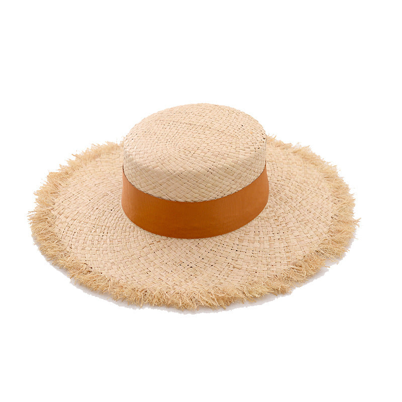 Women's Raffia Frayed Flat Big Brim Hat