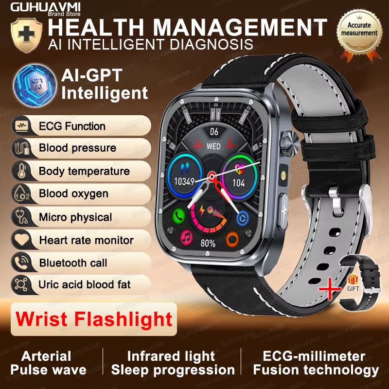 2025 New ECG+PPG AI Healthy Diagnose Smart Watch Men Blood Lipid Uric Acid BT Call Flashlight Blood Pressure Health Smartwatch