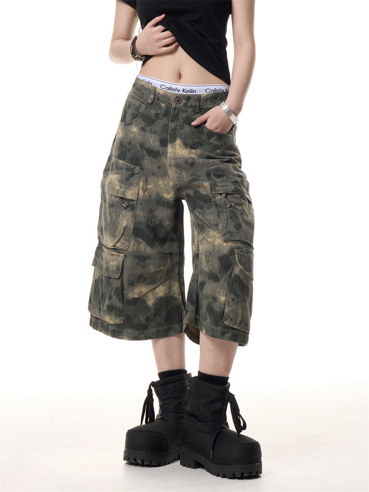 Retro Camouflage Cropped Pants Men And Women Ruan Handsome Multi-pocket Loose Wide-leg Workwear Shorts