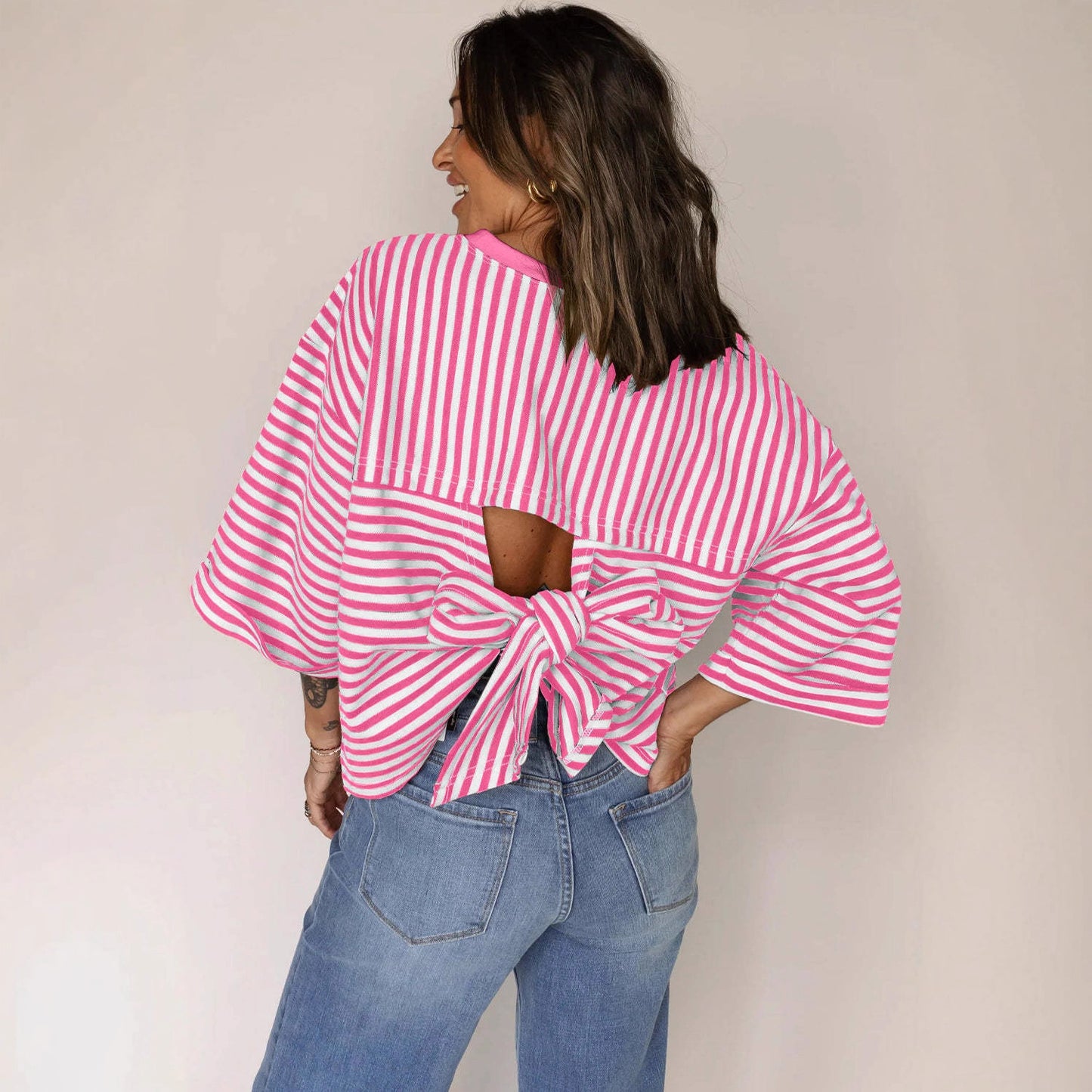 Womens Crew-Neck Striped Knitted Top With Back Tie Bow