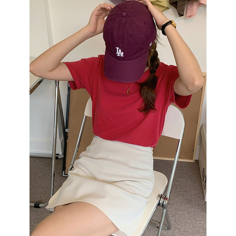 Women's Solid Color Round Neck Loose And Slim Short Sleeve T-shirt