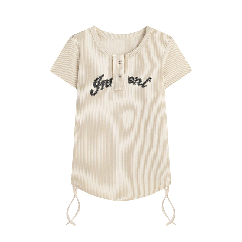 Women's Short-sleeved T-shirt With Loose Shoulder Width Slimming Drawstring Printed