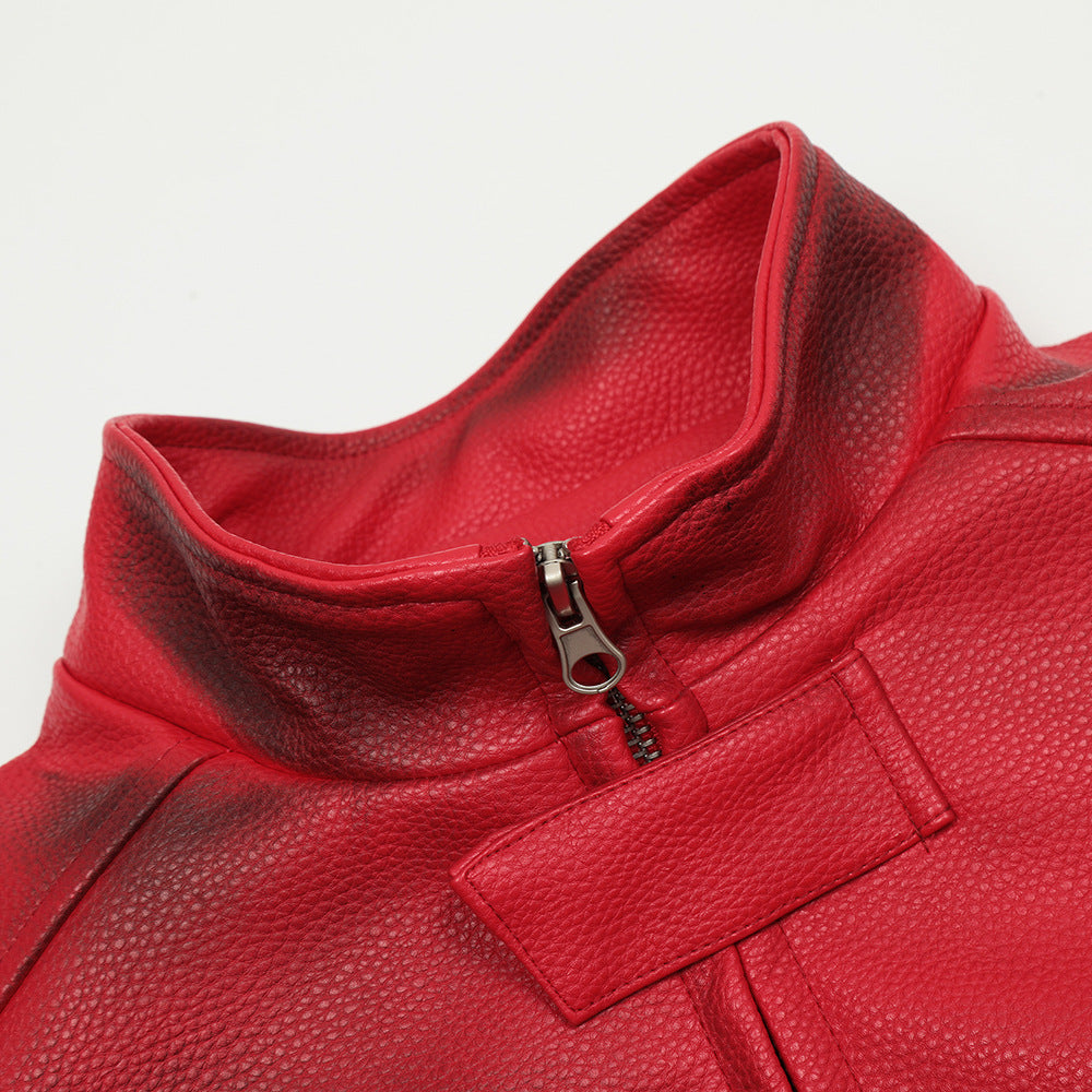 Design Sense Spray Paint Distressed Dirty Stand Collar PU Leather Jacket