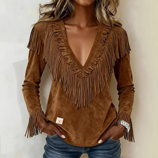 Tasseled Suede V-Neck Fashionable Slim-Fit Womens Blouse