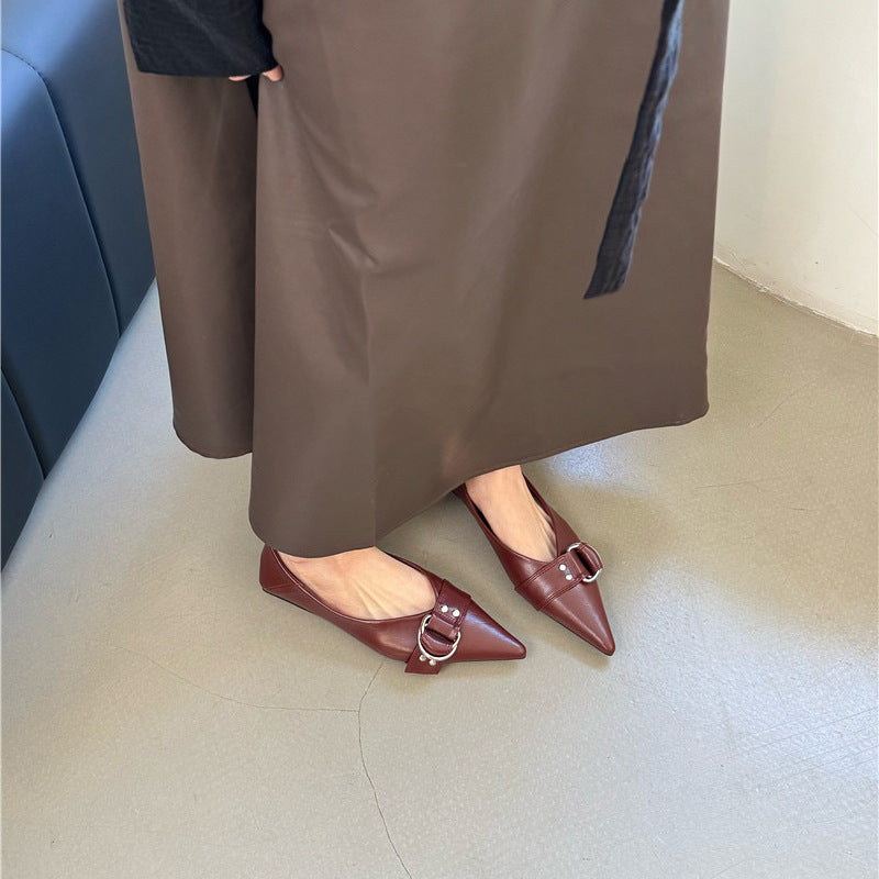 Metal Belt Buckle Soft Bottom Granny Shoes French Pointed Flat Bottom Pumps