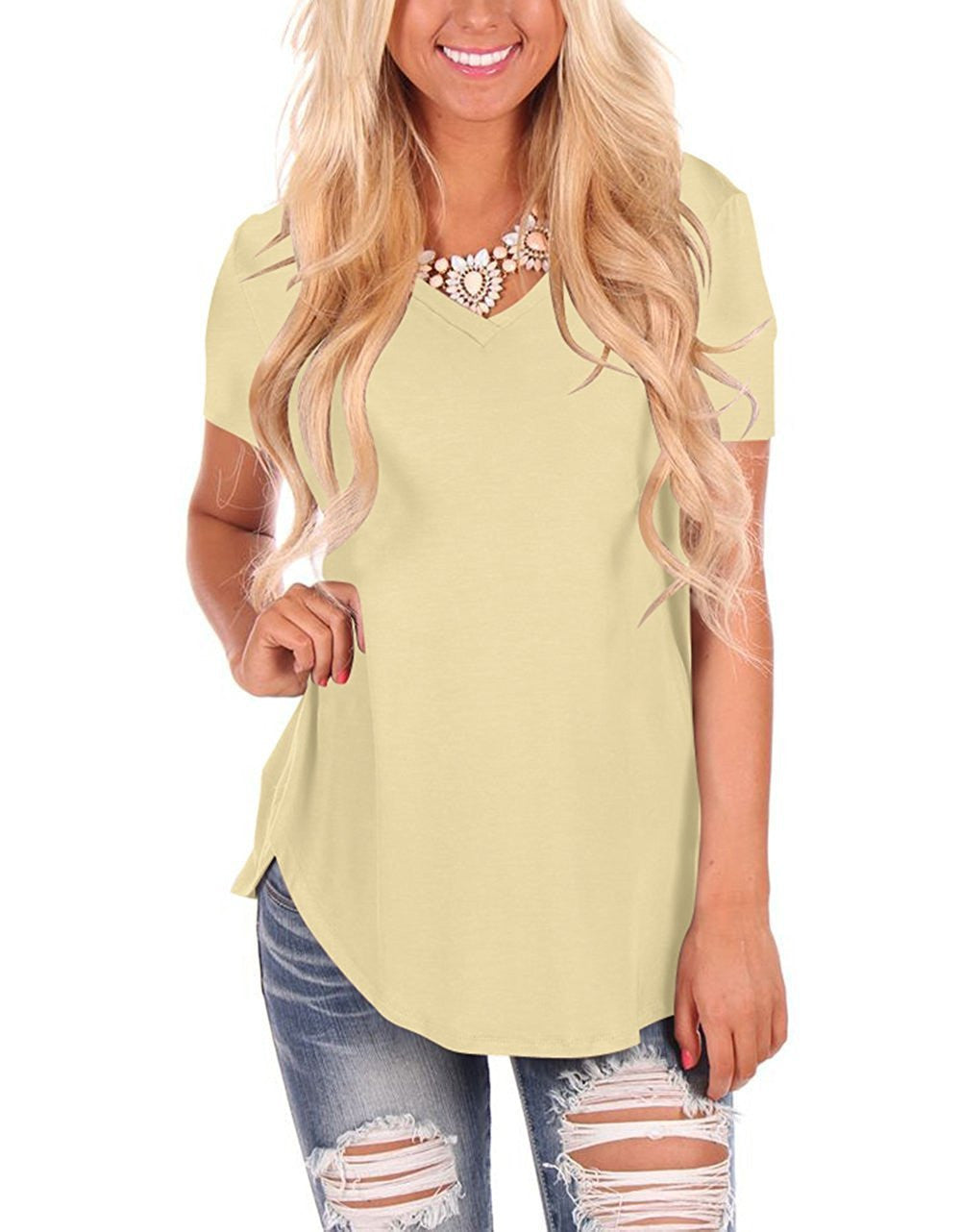 V-neck Knitted Solid Color Top Plus Size Loose Short Sleeve
