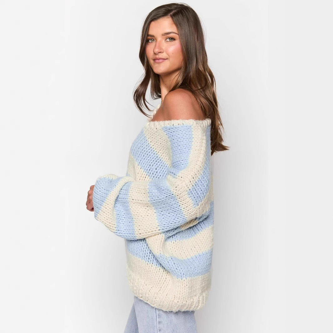 Fall Winter Fashion Casual Loose Knitted Sweater Oblique Shoulder