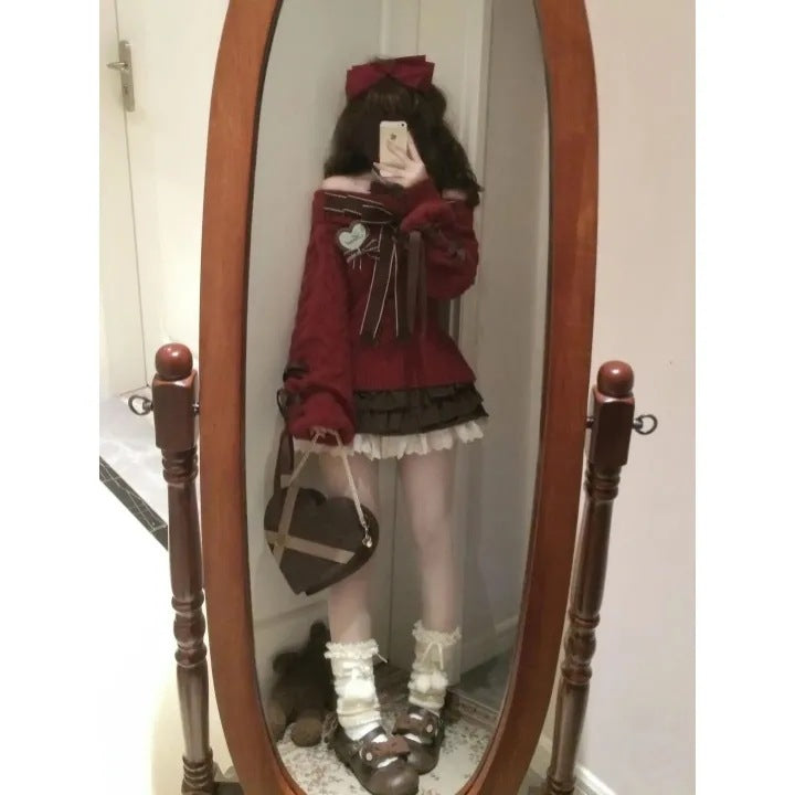 Womens Knitted Sweater And Skirt Set With Bow Detail