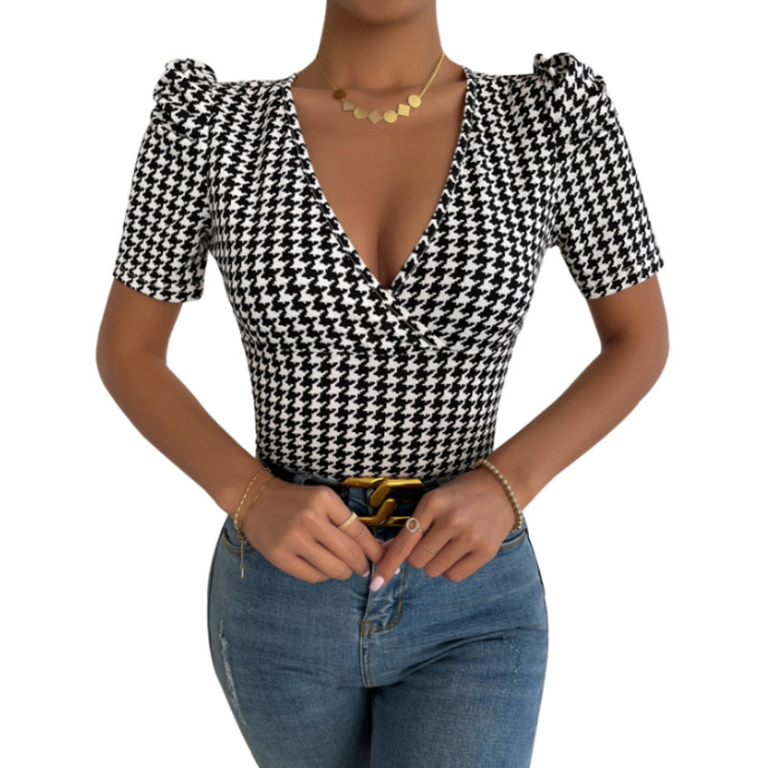 Stand-up Low-cut V-neck Slim Thousand Bird Lattice Short-sleeved T-shirt