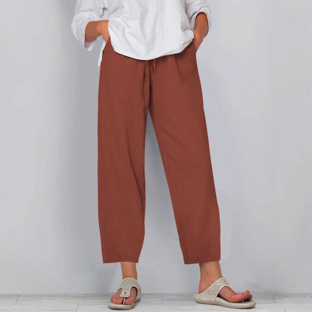 Elastic Waist Solid Color Cotton And Linen Wide Leg Casual Trousers