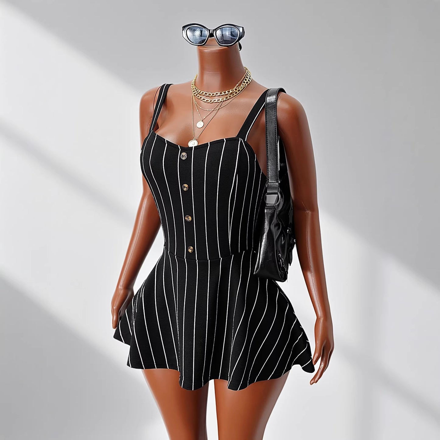 Strapped Striped Patchwork Dress With A Cinched Waist And A-line Silhouette