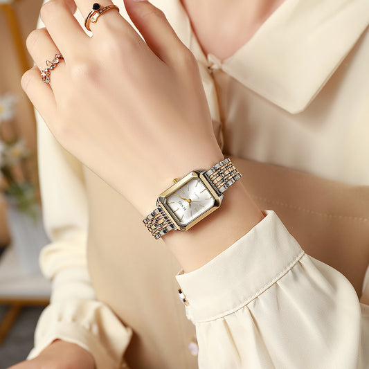 Square Meridian-Style Dial Fashionable Personalized Quartz Watch With Steel Band