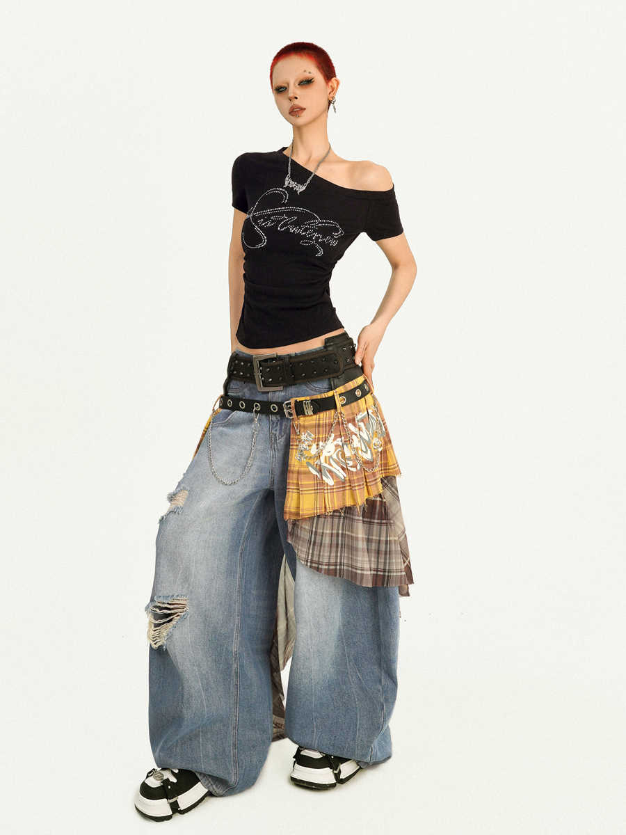 Women's Two Belt Plaid Girdle Skirt