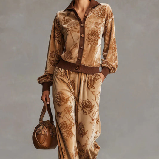 Sporty Retro Rose Velvet Cardigan Sweatshirt WideLeg Pants Set