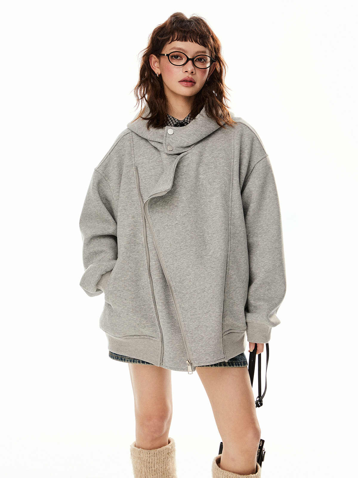 Retro cardigan med dobbelt lynlås, hættetrøje, uregelmæssig jakke til kvinder