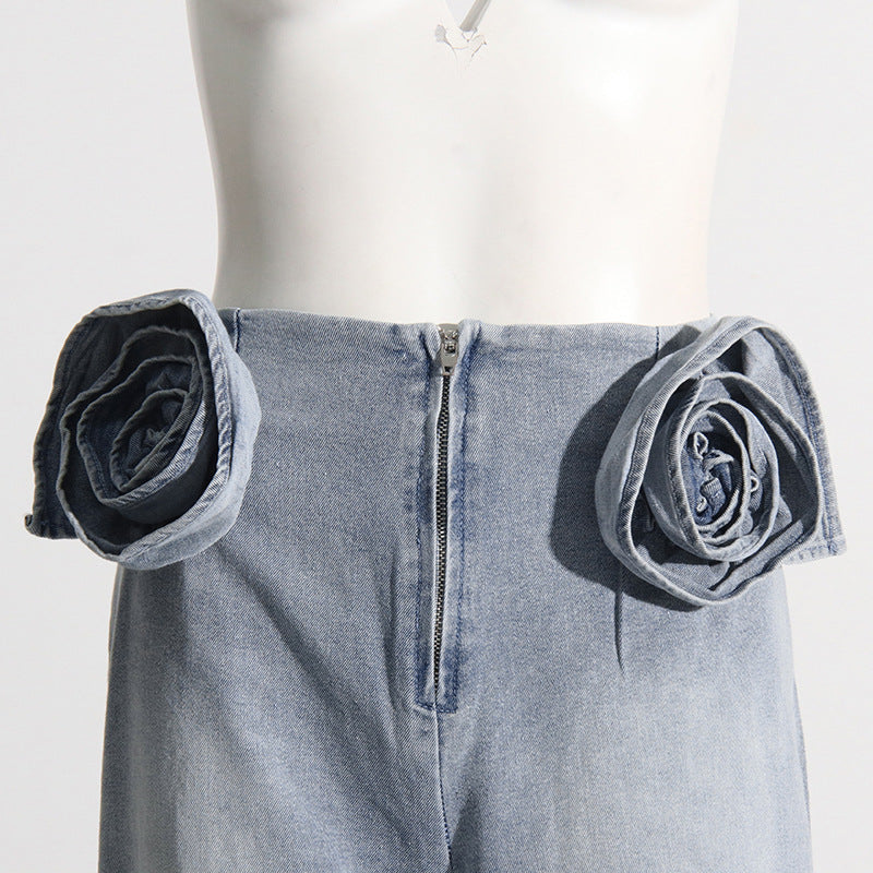 Design Stitching Three-dimensional Decoration Narrow High Waist Wide-leg Straight Pants