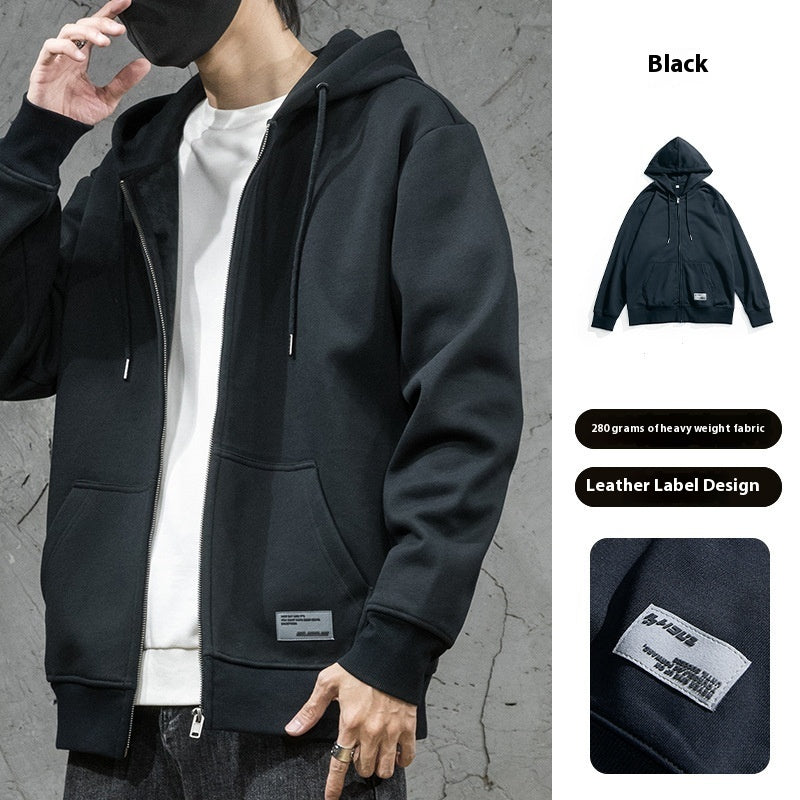 Efterårs- og vinterfleece lynlås sweater hættetrøje løs sports-casual cardigan til mænd