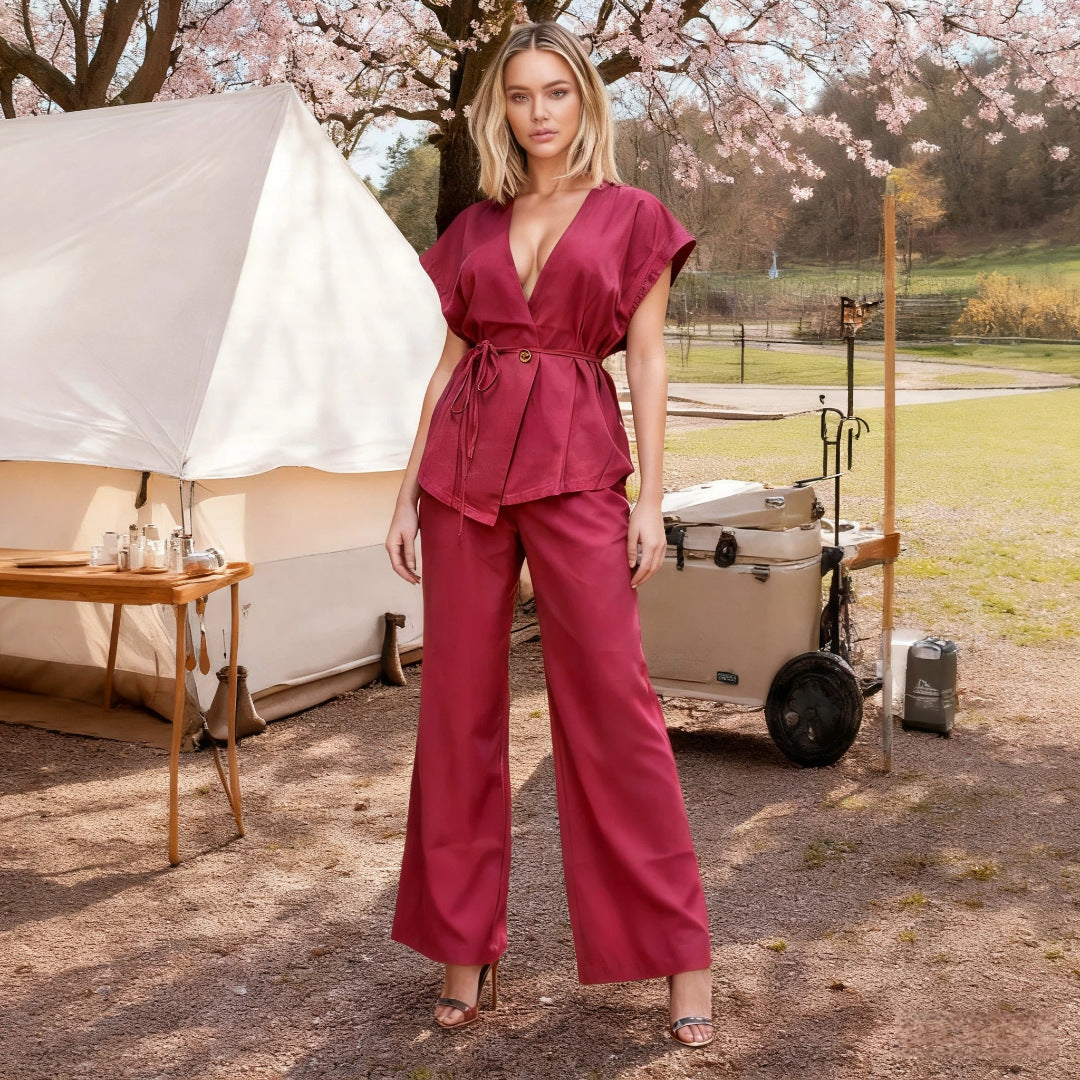 Womens Casual Vest And Pants Set With Ties Solid Color