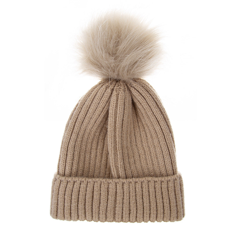 Fox Fur Warm Winter Hat With Ball For Women Child Girl Wool Thick Knitted