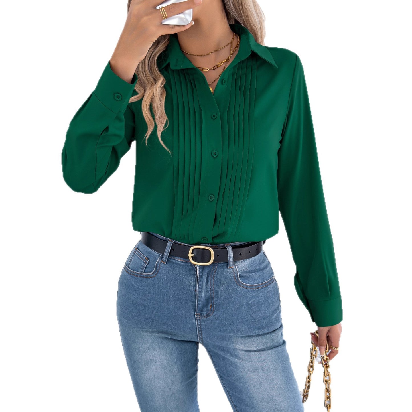 Pleated Solid-color Button-up Long-sleeve Business Shirt