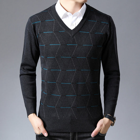 Men's V-neck Jacquard Long Sleeve Pullover Base Thick Sweater