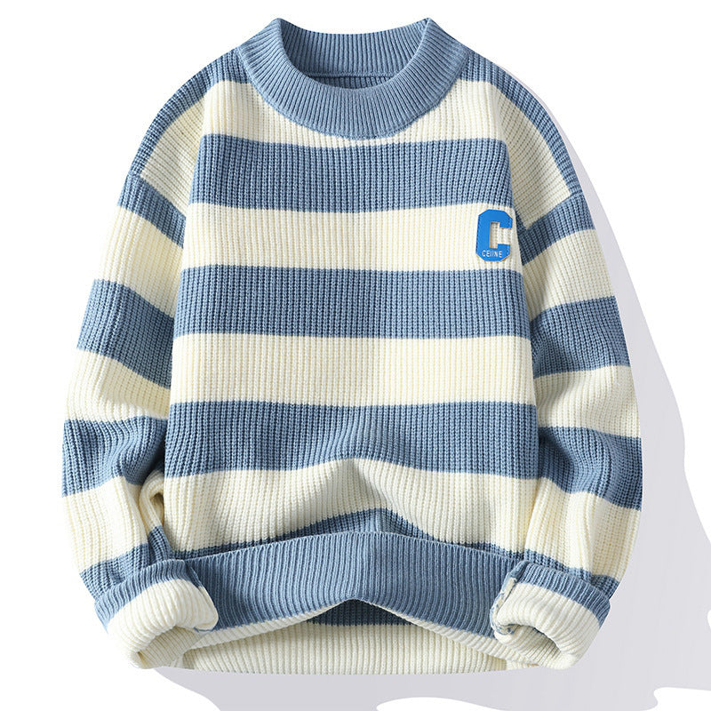 Efterårsbogstavstriber Mock Neck Sweater Flot Mands Strik Tide