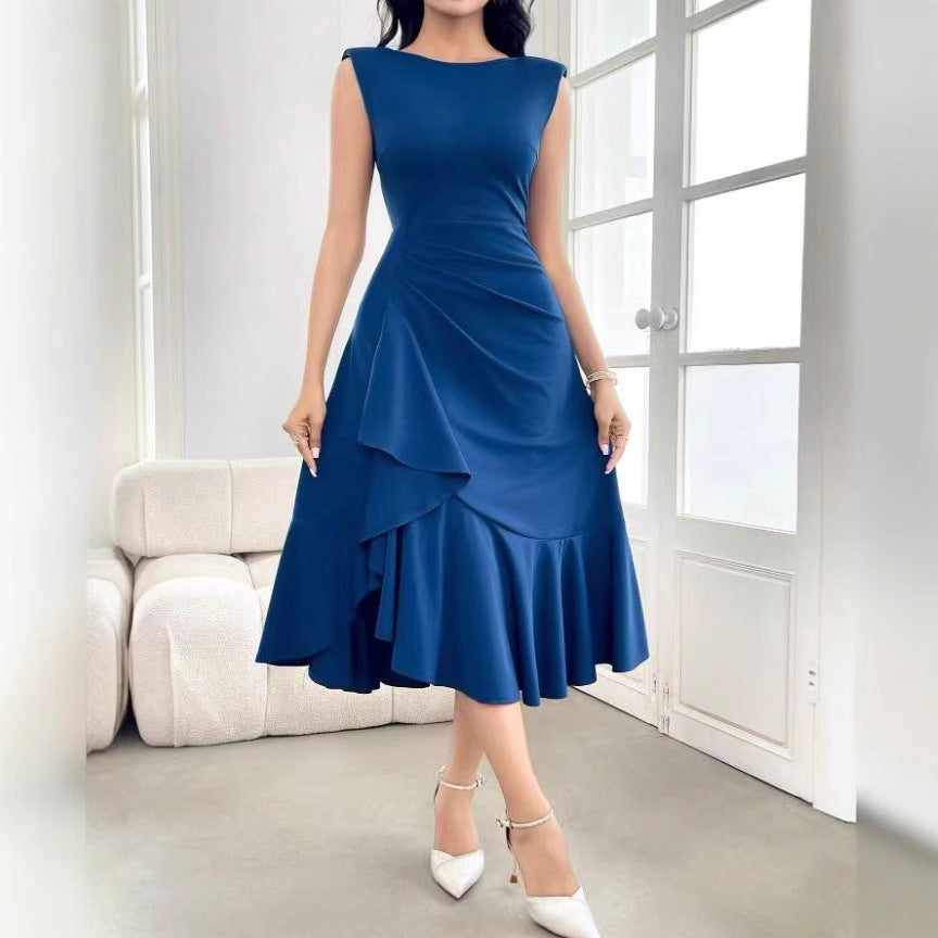 Womens Solid-Color Crew-Neck Sleeveless Dress With Ruffled Hem