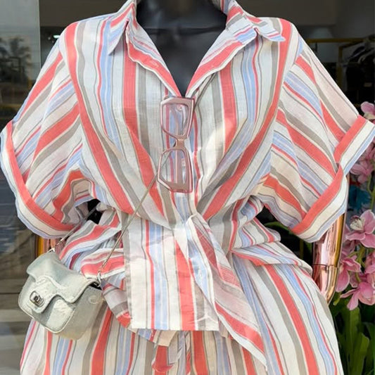 Notch-collar Striped Short-sleeve Shirt And Lace-up Wide-leg Shorts Set