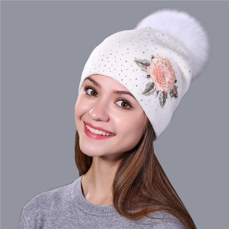 Big Fox Fur Ball Flower Embroidery Knitted Hat 15cm