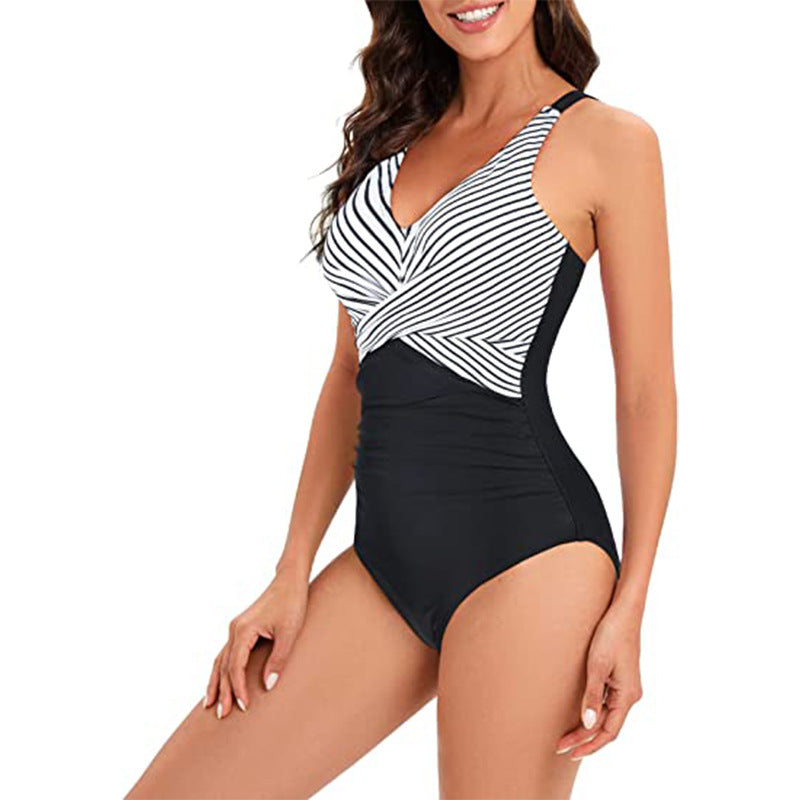 One Piece Swimsuit Cross Color Matching One-piece Ladies