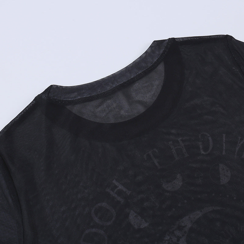 Women's Printed Mesh See-through Trend Tight Top