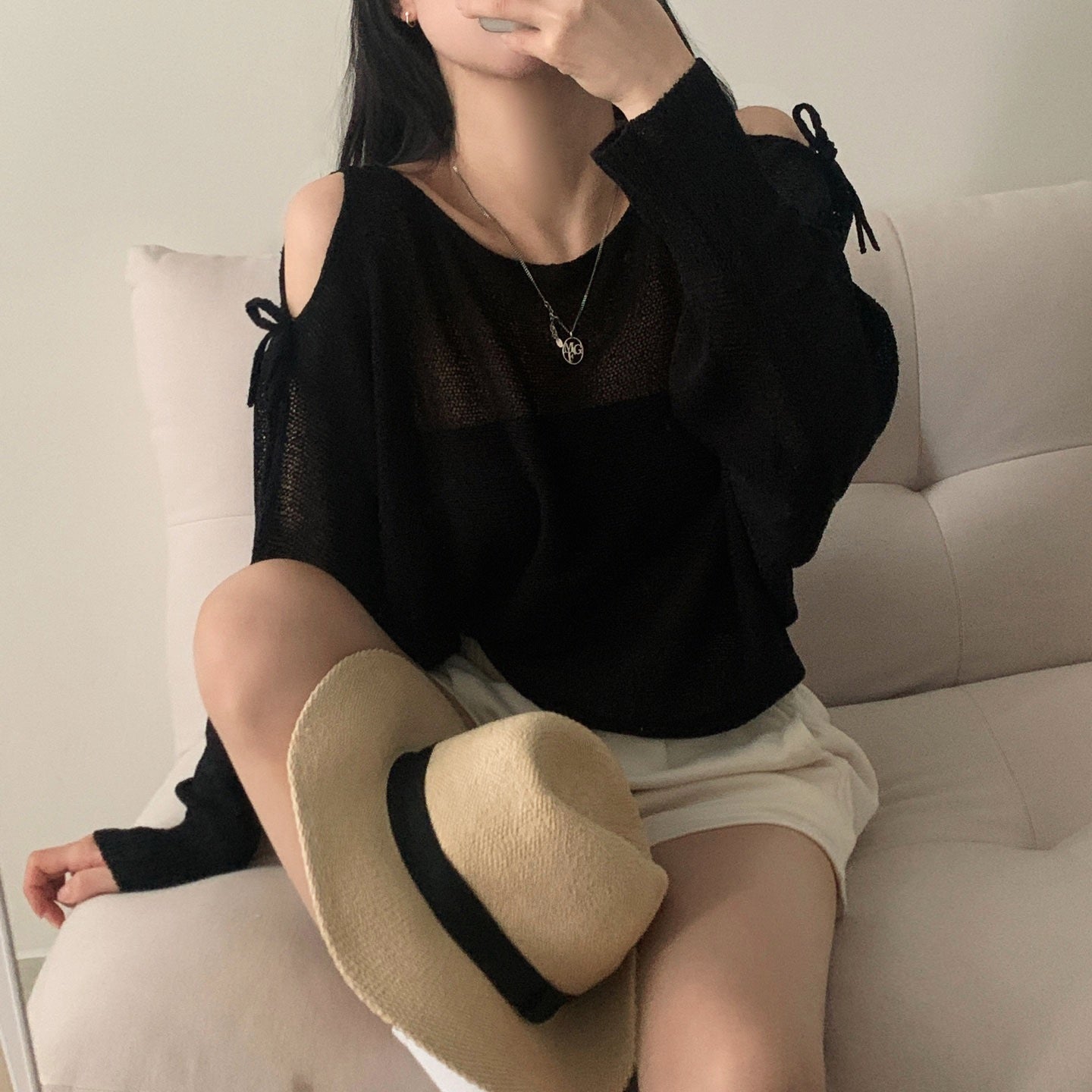 Lace-up Cutout Off-shoulder Loose Sun Protection Sweater Top