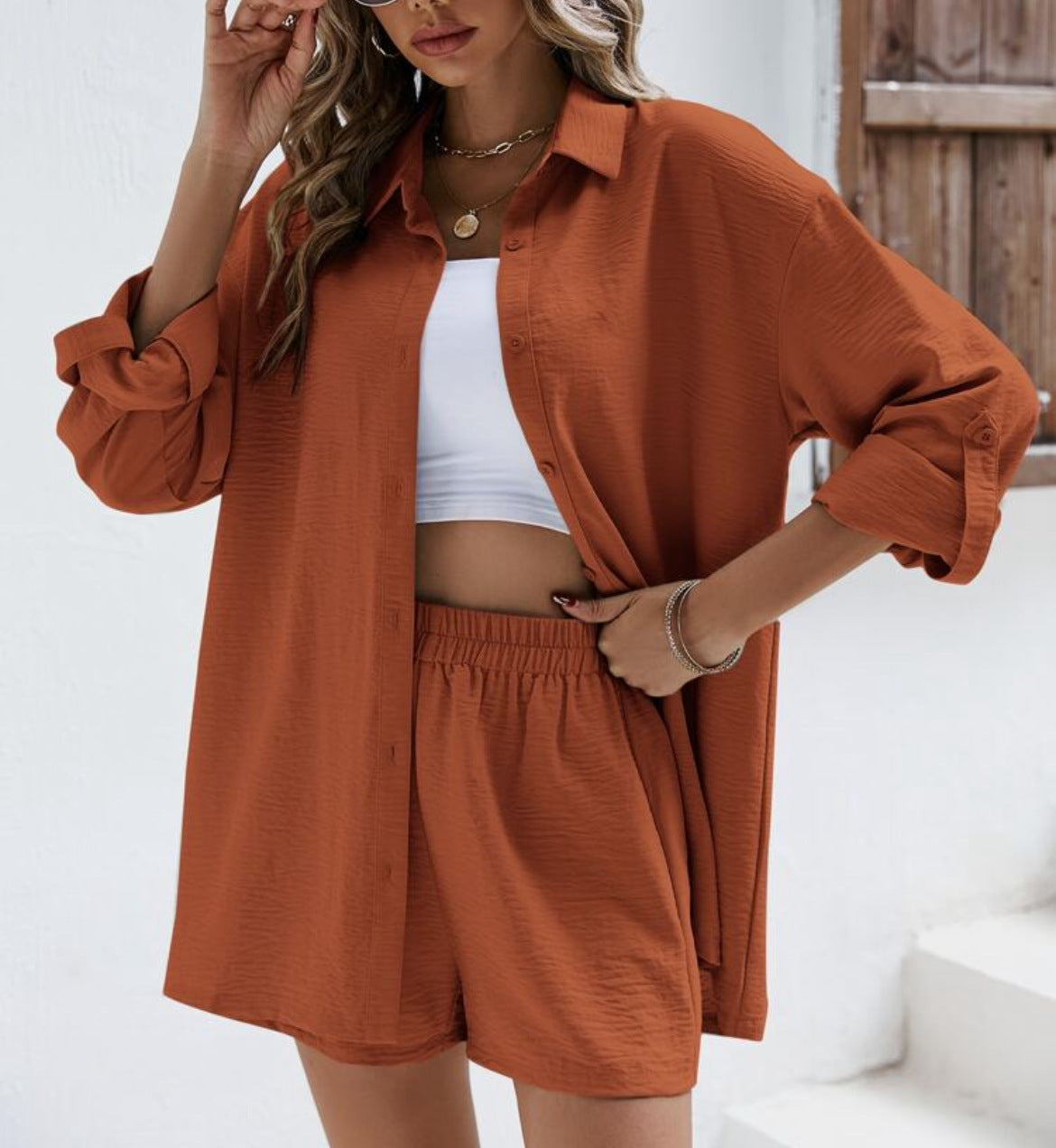 Spring Solid-Colored Lapel Long-Sleeve Shirt And Elastic High-Waist Shorts Casual Set