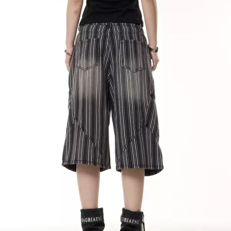 Retro Distressed Striped Cropped Trousers Women's Wide Leg