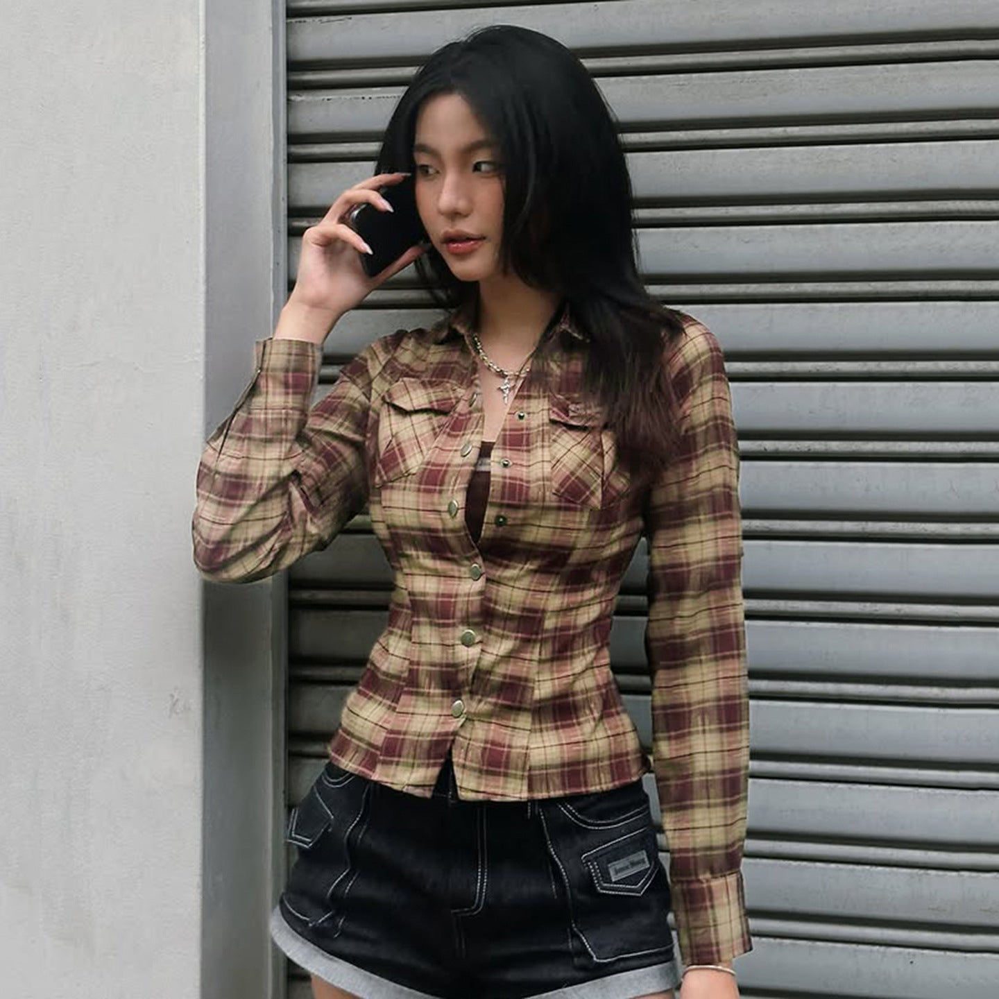 Color-contrast Check Personalized Fashion Design Pocket Long Sleeve Top