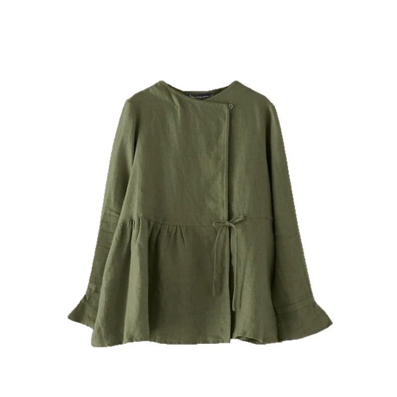 Womens Cotton Waist-Cinching Long-Sleeve Crew-Neck Button-Front Blouse With Ties