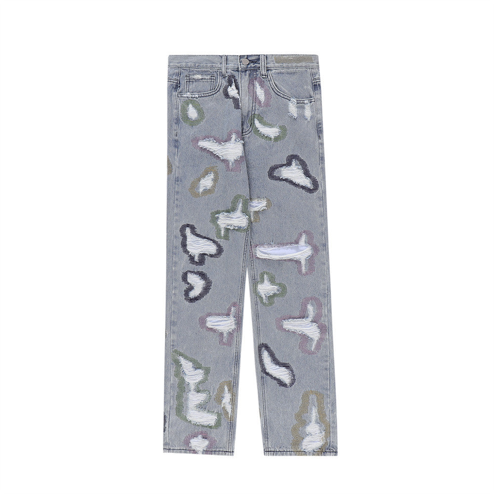 Color Contrast Ripped Embroidered Jeans American Style