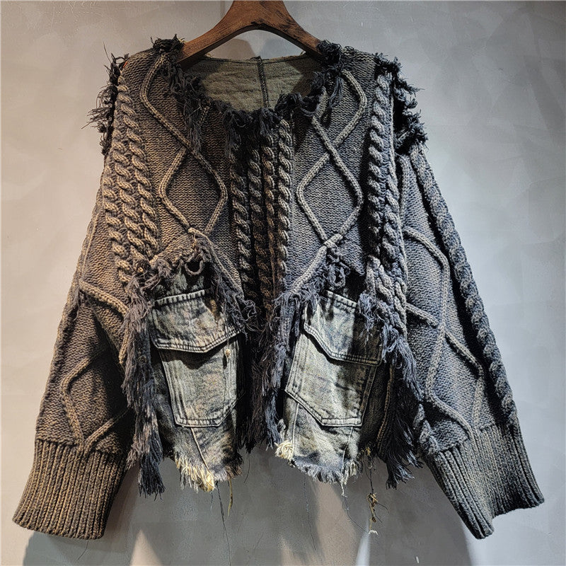 Personality Trendy Twist Weave Stitching Denim Round Neck Sweater