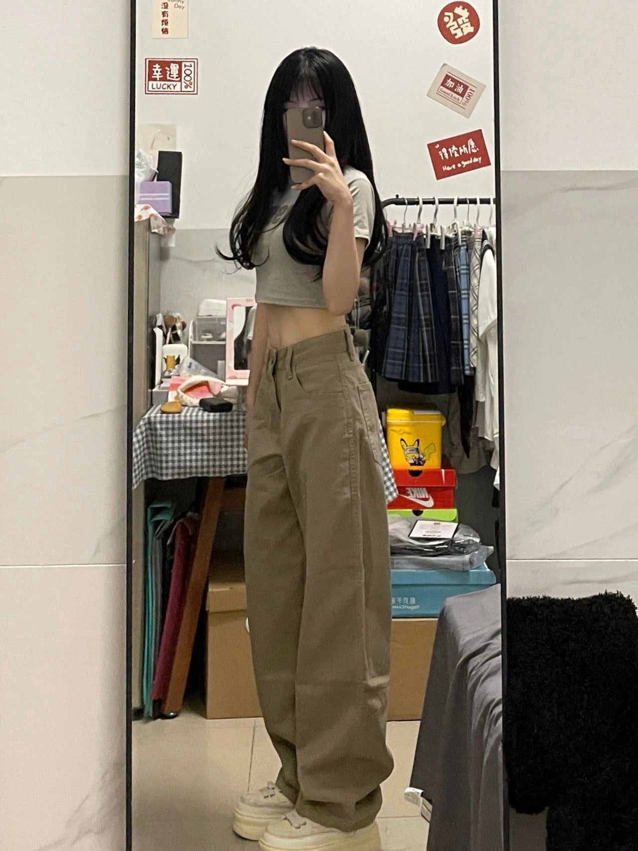Khaki Narrow Wide-leg Jeans High Waist All-matching Straight Mop Pants
