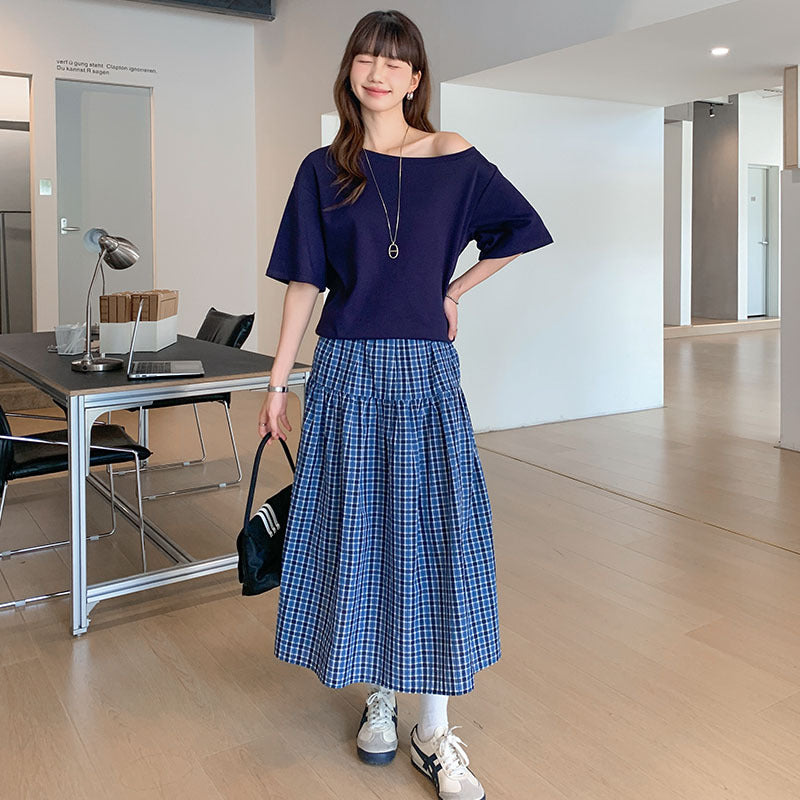 Blue Plaid High Waist Slim A-line Skirt