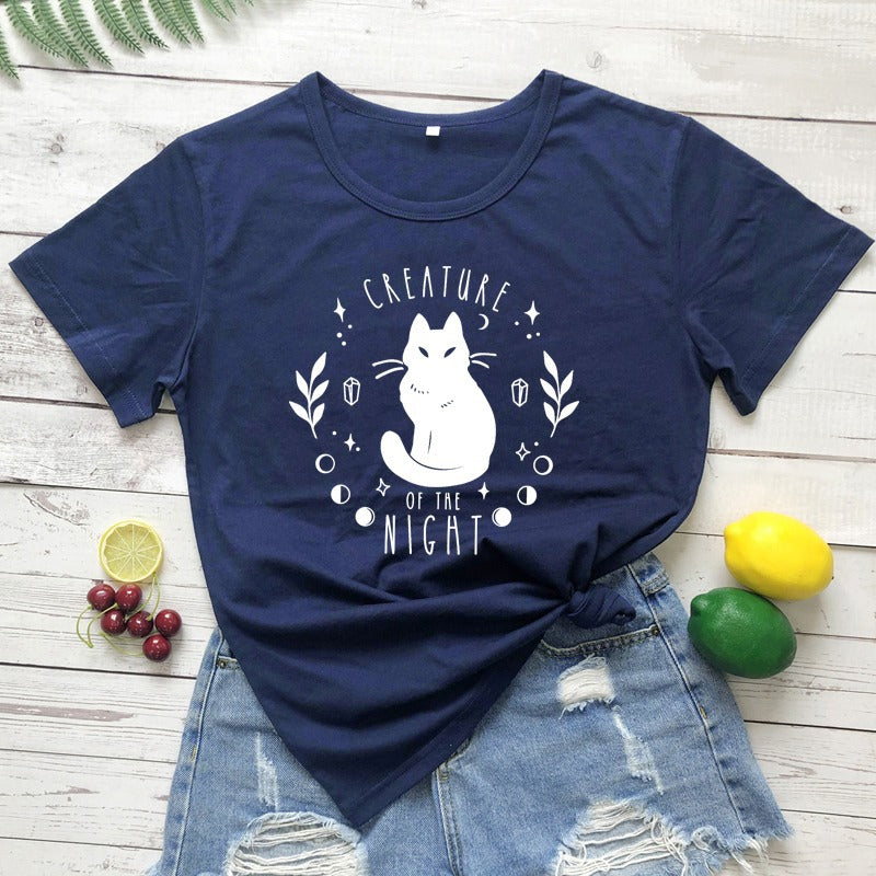 Women's Black Cat Alphabet Print T-Shirt