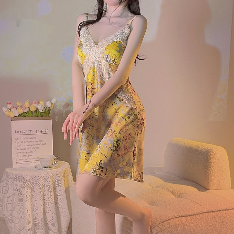Yellow Floral Satin Cross Lace Waist Slimming Nightdress