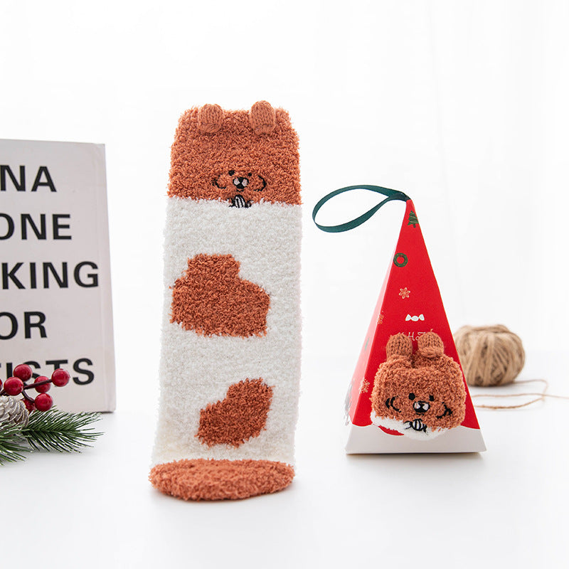Christmas Stocking Triangle Boxed Coral Velvet Floor Socks Thickened