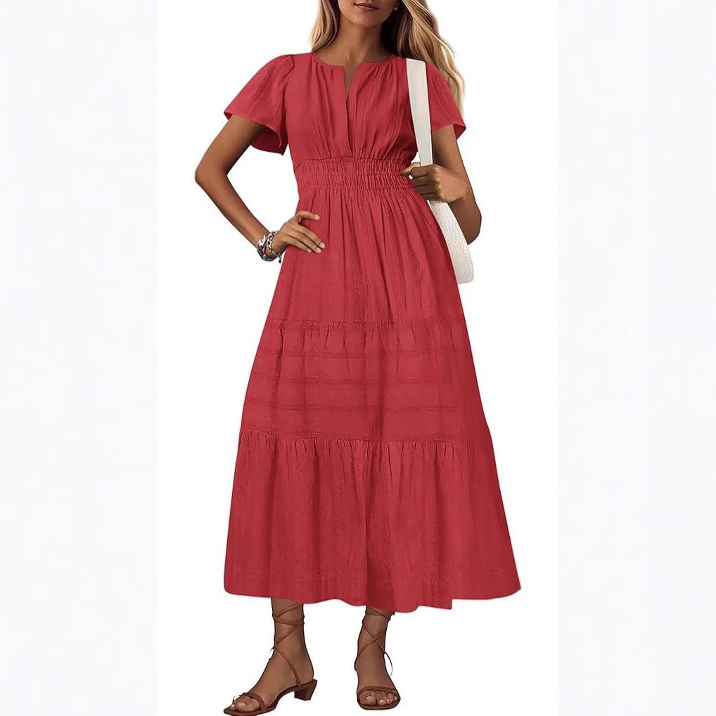 Vneck Pleated Puff Sleeve Layered Maxi Dress For Women