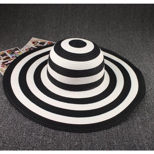 Women's Beach Big Brim Foldable Striped Straw Hat