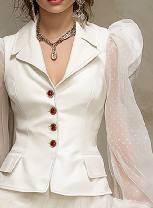Fashionable Retro White Polka Dot Tulle Long-sleeved PU Suit Skirt Set