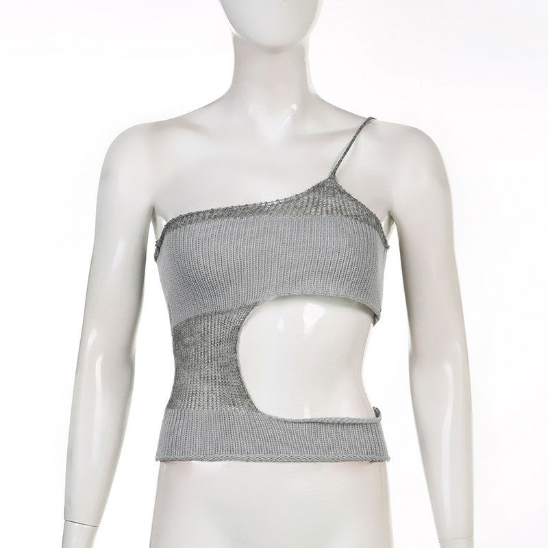 Color Matching One-shoulder Slant Sling Side Should Be Hollow Out Woolen Short Top