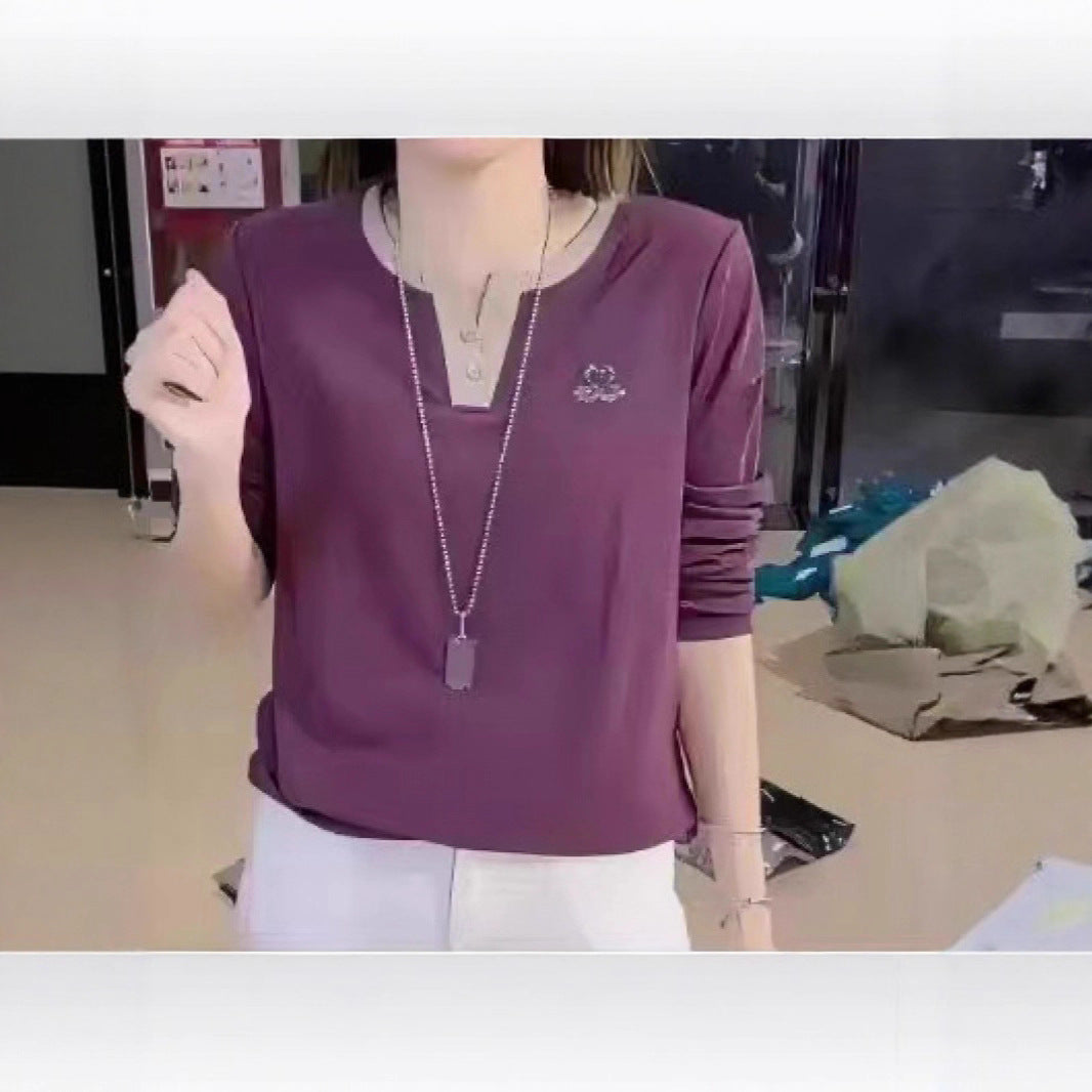 Women's Long-sleeved T-shirt V-neck Bottoming Shirt Hot Rhinestone Casual Top